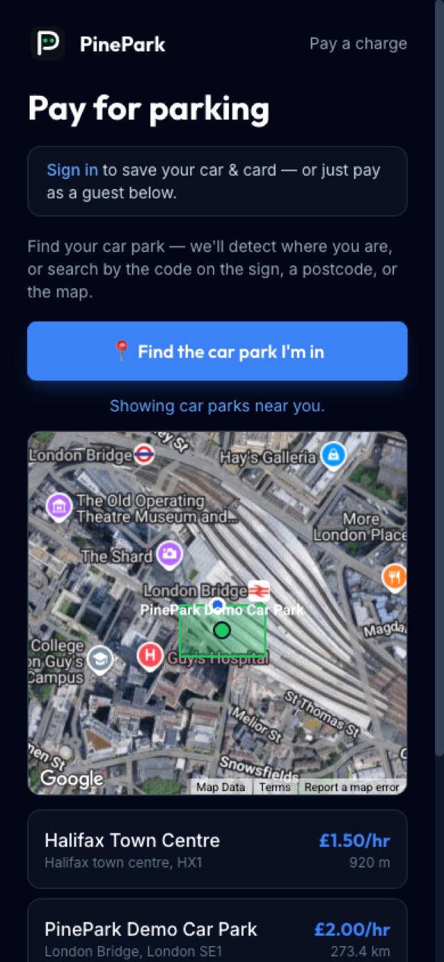 The PinePark app showing nearby car parks on a map