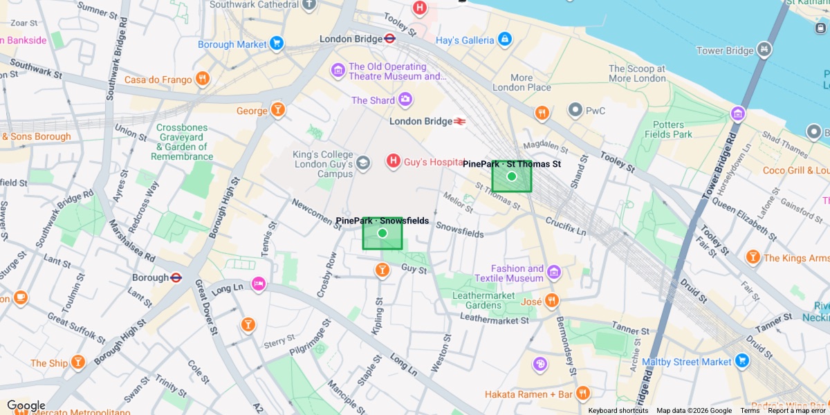 PinePark car parks shown as geofenced zones on a map of London